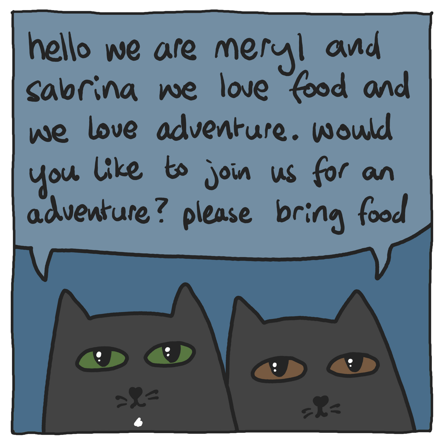Two cartoon cats with a speech bubble containing text inviting someone to join them for an adventure.