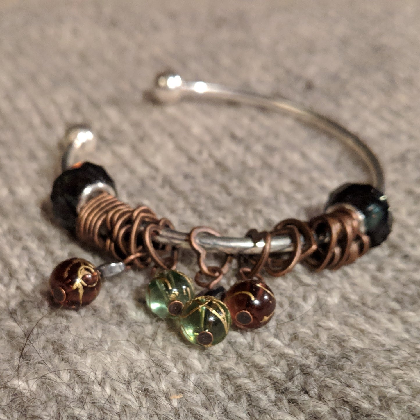 Copper heart stitchmarker bangle - beaded