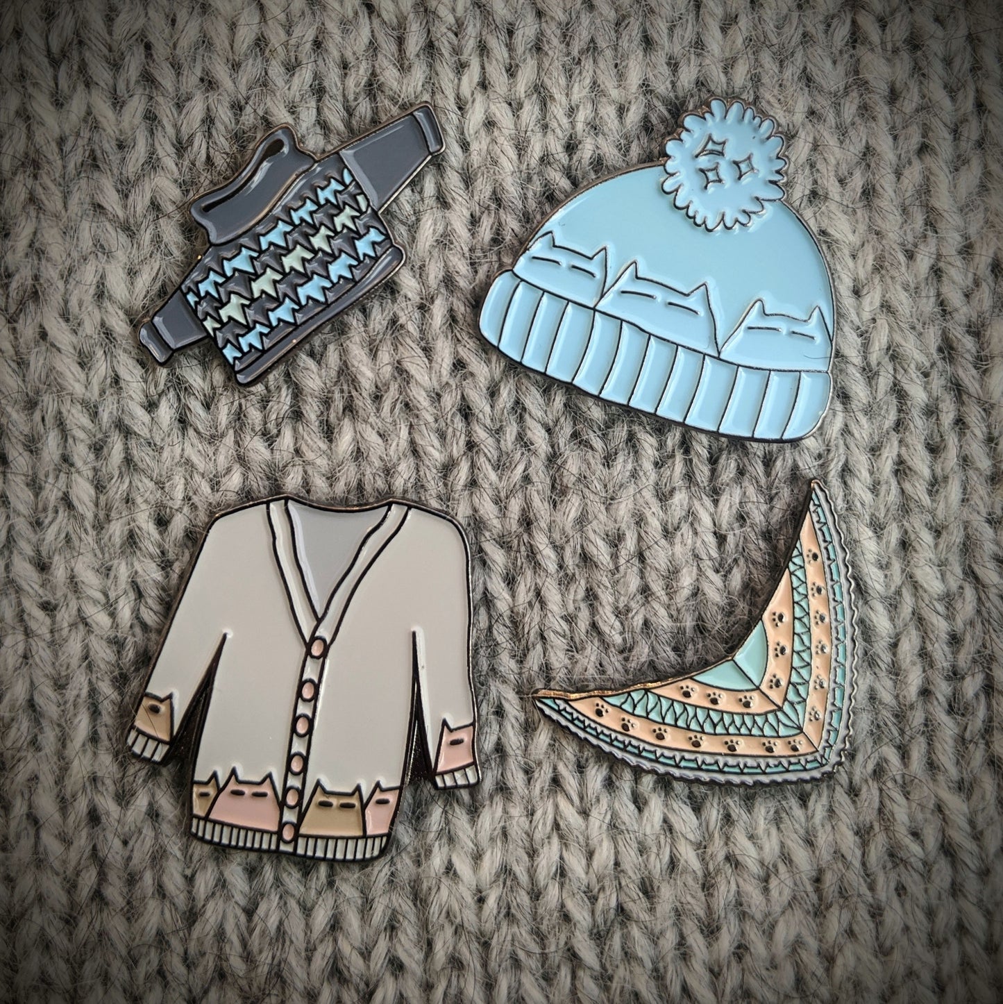 Cat Knits: Cats on knitwear enamel pin set